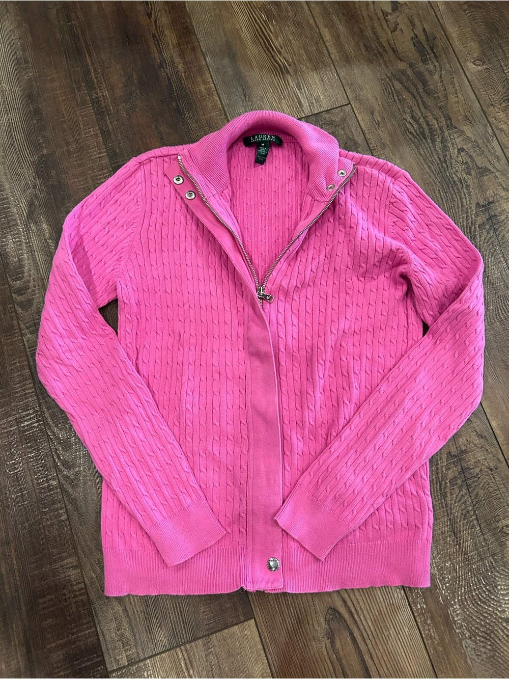 Lauren Ralph Lauren Bright Pink Cable-Knit Zip Cardigan